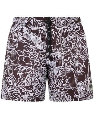 Philipp Plein Short De Bain À Imprimé Tête De Mort Et Dragon - Noir