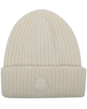 Moncler Logo-Patch Ribbed Beanie Hat - Natural
