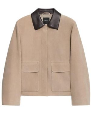 Theory Leather-Collar Suede Jacket - Natural