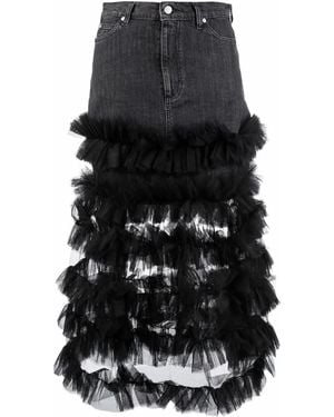 RED Valentino Ruffle Tulle-Trim Denim A-Line Skirt - Black