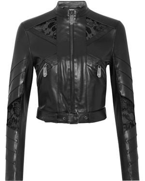 Philipp Plein Lace-Embellished Leather Jacket - Black