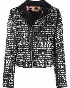 Philipp Plein Crystal-Embellished Leather Jacket - Black