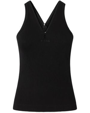 Pinko Rib-Knit Tank Top With V-Neck And Logo - Black