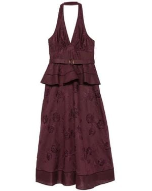 Self-Portrait V-Neck Embroidered Midi Dress - Purple