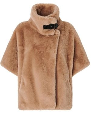 Pinko Plush Short-Sleeved Faux Fur Jacket With High Collar - Natural