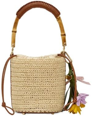 Self-Portrait Bamboo-Handle Raffia Bucket Bag - White
