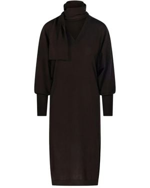 Nude V-Neck Balloon-Sleeve Dress - Black