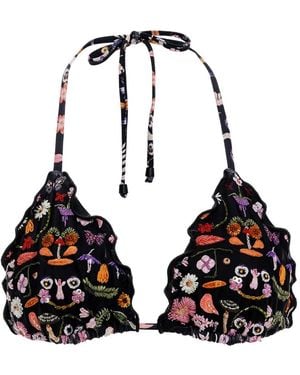 Agua Bendita Embroidered Ruffled Bikini Top - Black