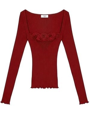 Saint Laurent Lace-Trim Ribbed Top - Red