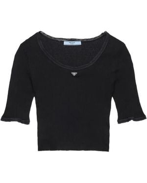 Prada Cropped Ribbed Cotton T-Shirt - Black
