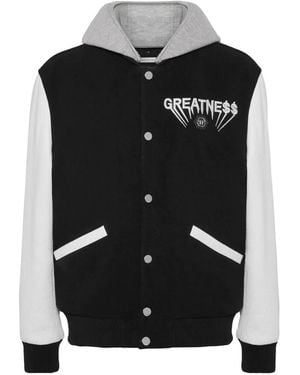 Philipp Plein レザースリーブ フーデッドボンバージャケット - ブラック