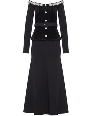 Self-Portrait Kristallverziertes Maxikleid aus Chenille mit Gürtel - Schwarz