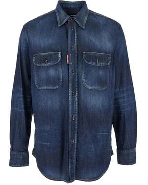 DSquared² Double-Pockets Elbow-Patched Denim Shirt - Blue