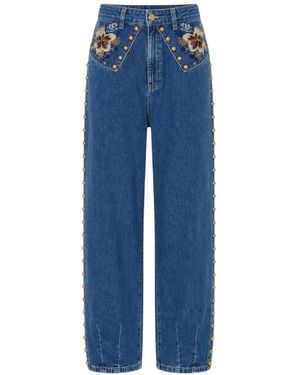FARM Rio Floral-Embroidered Tapered Jeans - Blue