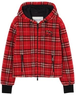 Burberry Geruit Cropped Fleece Jack Met Capuchon - Rood