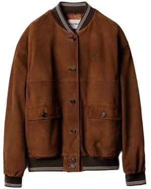 Miu Miu Logo-Patch Suede Bomber Jacket - Brown