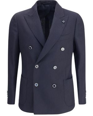 Lardini Double-Breasted Herringbone Blazer - Blue