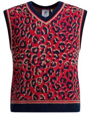adidas X Wales Bonner Boleopard-Print V-Neck Sweater - Red