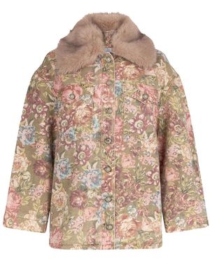 Liu Jo Floral-Print Faux Fur-Collar Jacket - Natural