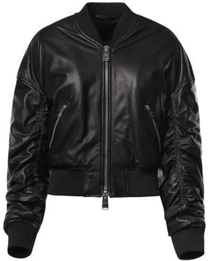 Dondup Ruched Leather Bomber Jacket - Black