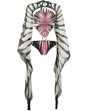 Roberto Cavalli Print-Patterned Ring-Detail Swimsuit - White