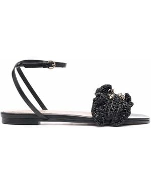 Red(V) Rhinestone-Embellished Flat Sandals - Black