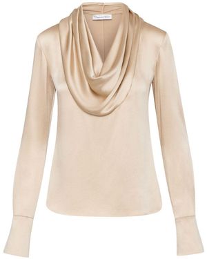 Oscar de la Renta Cowl Neck Satin Blouse - Natural