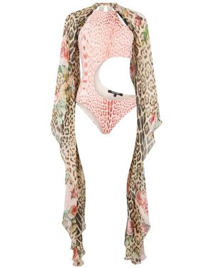 Roberto Cavalli Leopard-Print Cut-Out Swimsuit - White