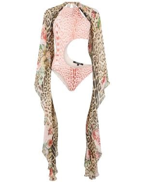 Roberto Cavalli Leopard-Print Cut-Out Swimsuit - White