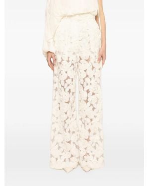 Nissa Floral-Embroidery Wide-Leg Trousers - Natural