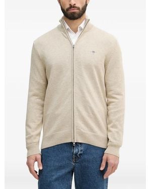 GANT Zip-Up Embroidered-Logo Sweater - Natural