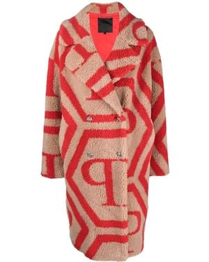Philipp Plein Monogram-Print Faux Fur Coat - Red