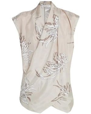 Brunello Cucinelli Floral-Print Draped Silk Blouse - White
