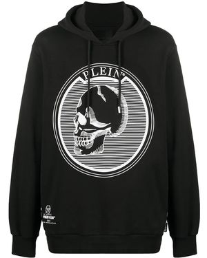 Philipp Plein Outline Skull Hooded Longline Sweatshirt - Black