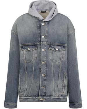 Balenciaga Denim And Fleece Cotton Jacket With Logo - Blue