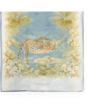 Ferragamo Floral-Print Leopard-Motif Scarf - Blue
