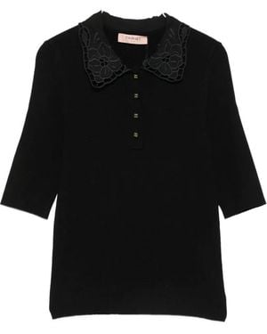Twinset Lace-Collar Ribbed Polo Shirt - Black
