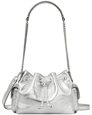 Tory Burch Charlie Quilted Metallic Mini Drawstring Shoulder Bag - White
