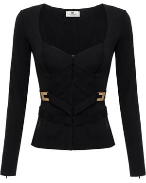 Elisabetta Franchi Corset-Detail Long-Sleeve T-Shirt - Black