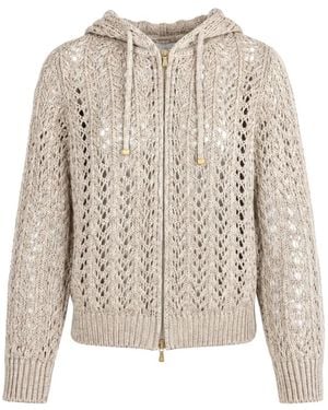 Eleventy Pointelle-Knit Full-Zip Hoodie - White