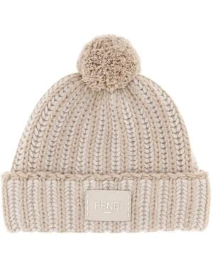 Fendi Embroidered Pompom Beanie Hat - Natural