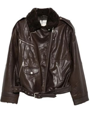 Gestuz Belted Shearling-Collar Jacket - Brown