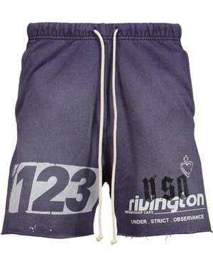 RRR123 Membership Uso Graphic-Print Raw-Edge Shorts - Blue