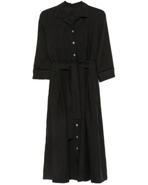 120% Lino Belted Button-Down Midi Dress - Black