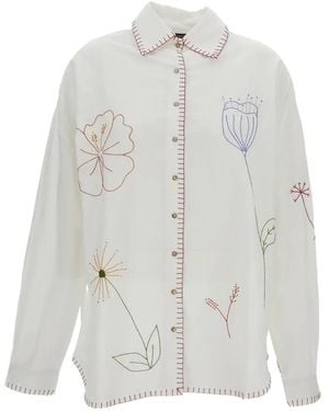 ESTRAFALARIO Floral-Embroidery Contrast-Stitch Shirt - White