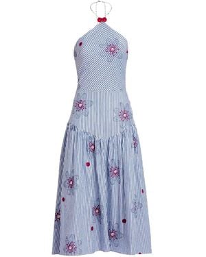 Silvia Tcherassi Ares Floral-Embroidered Striped Midi Dress - Blue