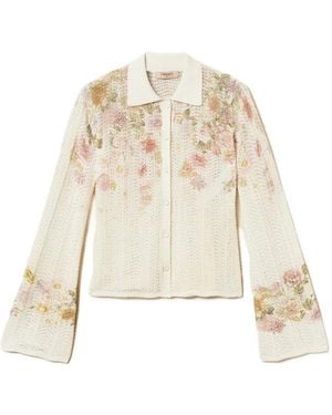 Twinset Polo En Maille À Fleurs - White