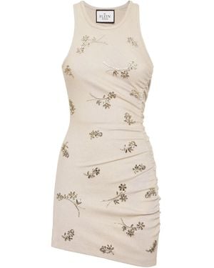 Philipp Plein Floral-Embellishment Ribbed Mini Dress - Natural