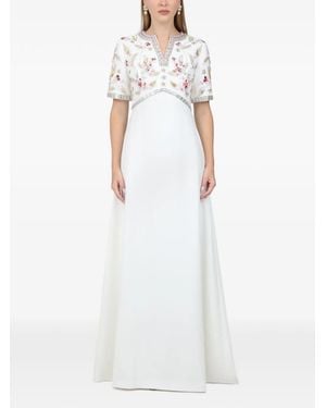 Dina Melwani Robe Longue À Fleurs Brodées Et À Strass - Blanc