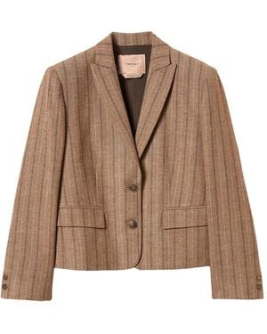Twinset Blazer Crop À Fines Rayures En Laine Mélangée - Marron